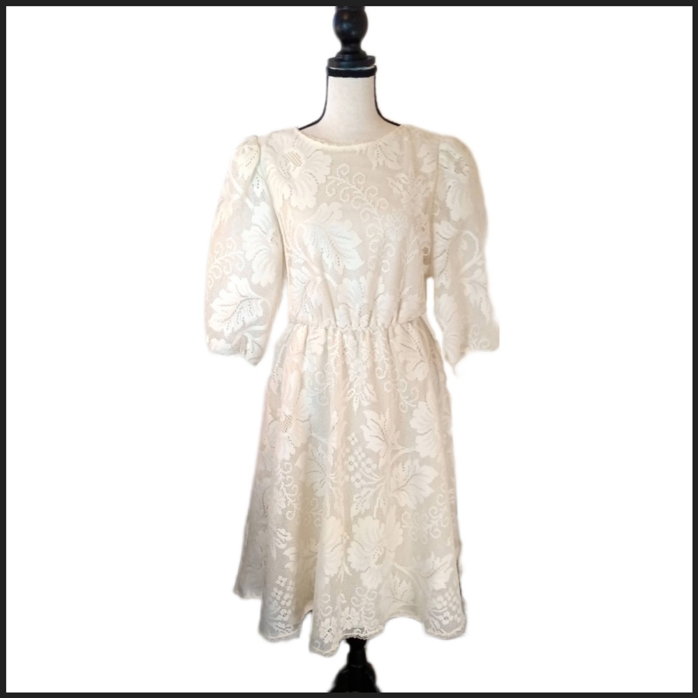 Vintage 60s 70s Gilberti Floral Lace Bishop Sleeve Coquette Cottagecore Size 12